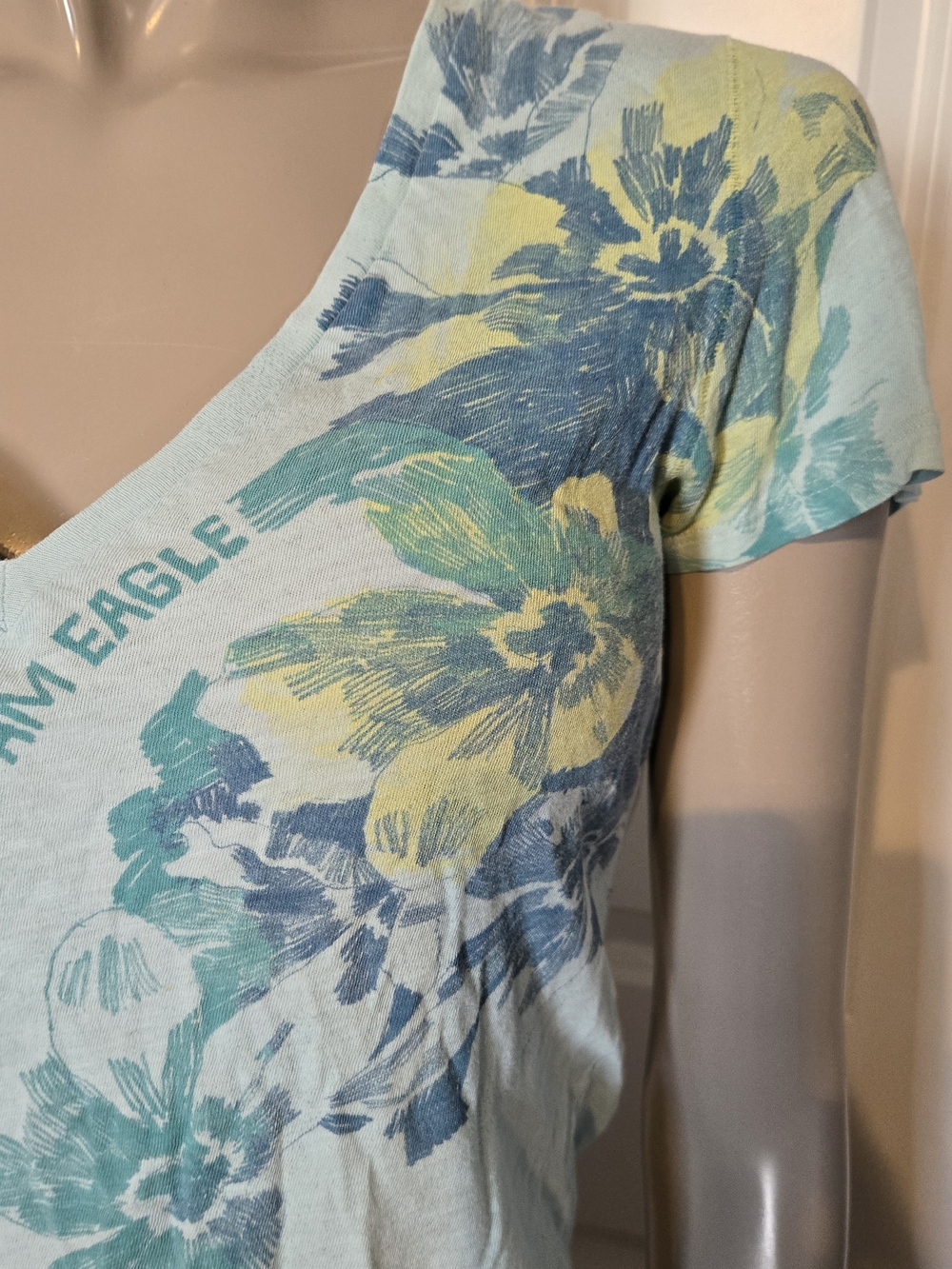 American Eagle Outfitters Pale Blue Floral V-Neck Tee